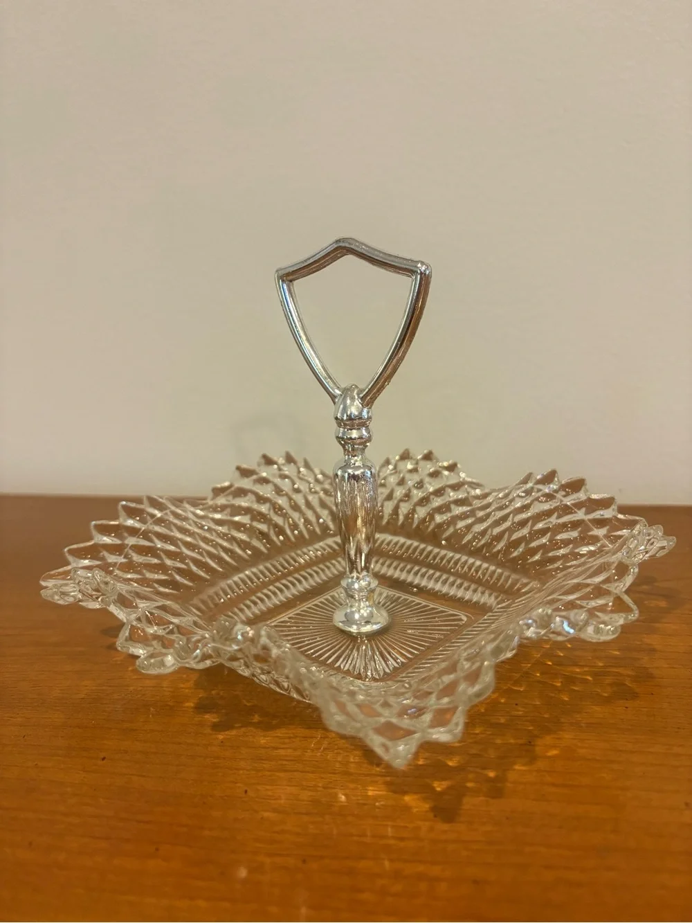 Vintage Glass Diamond Point Pressed Ruffle Edges Trinket Dish with Silver Handle